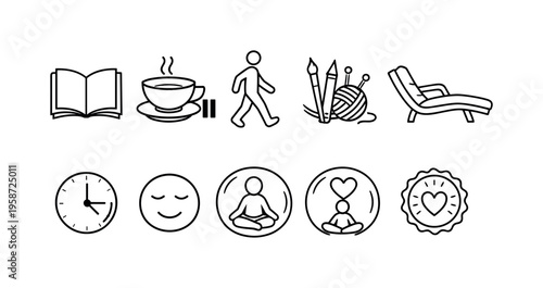 Collection of simple icons representing personal time, hobbies, and relaxation activities