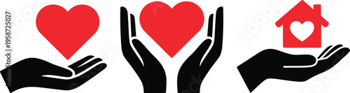 Hands holding symbols of love, care, and home in a simple graphic design