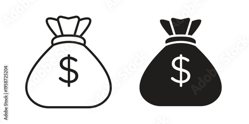 Money bag icon in black stroke eps vector graphic
