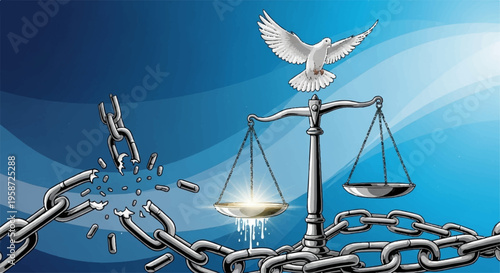 Broken chains surround scales of justice with dove flying above symbolizing freedom and balance in a blue background with raindrops representing liberation and equality