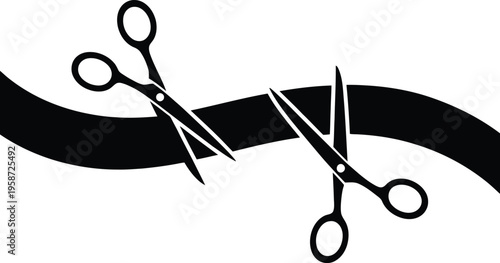 Scissors cutting through a curved black ribbon symbolizing editing or trimming