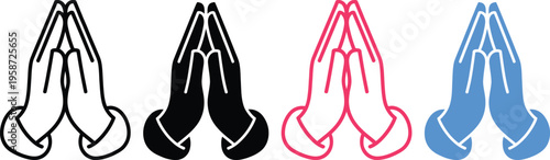 Four stylized illustrations of hands in a prayer position with varying colors and outlines