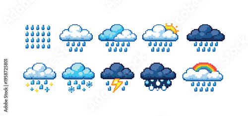 Collection of pixel art weather icons showing different precipitation types and conditions