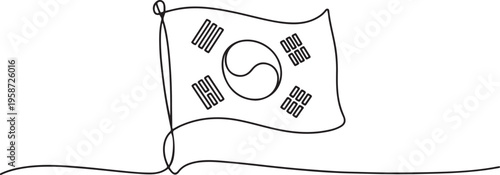A Korean flag flying in the air. National liberation day of Korea one-line drawing. One line draw graphic design vector