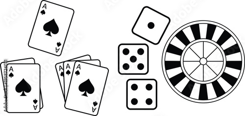 Classic gambling tools including playing cards, dice, and a roulette wheel