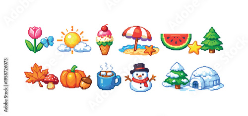 Pixel art icons representing different seasons and holidays