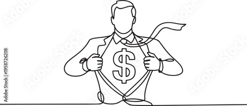 continuous line drawing of a superhero business man tearing his shirt showing his costume chest underneath with dollar sign vector illustration. One line draw graphic design vector