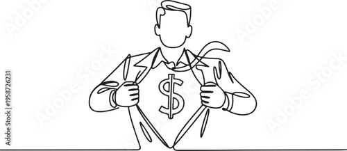 continuous line drawing of a superhero business man tearing his shirt showing his costume chest underneath with dollar sign vector illustration. One line draw graphic design vector