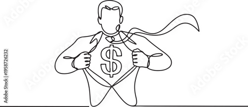 continuous line drawing of a superhero business man tearing his shirt showing his costume chest underneath with dollar sign vector illustration. One line draw graphic design vector