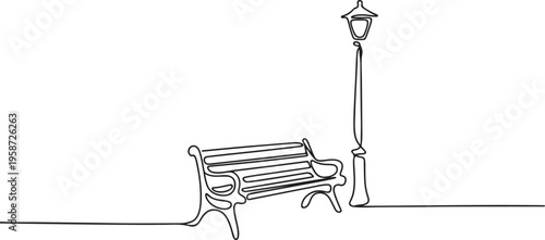 Continuous line drawing of Bench and lantern in park. Single line illustration. Line art style. One line minimalism style drawing. Wooden outdoor furniture for relax. 