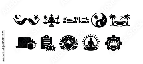 Set of icons representing work-life balance, wellness, and productivity concepts