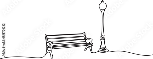 Continuous line drawing of Bench and lantern in park. Single line illustration. Line art style. One line minimalism style drawing. Wooden outdoor furniture for relax. 