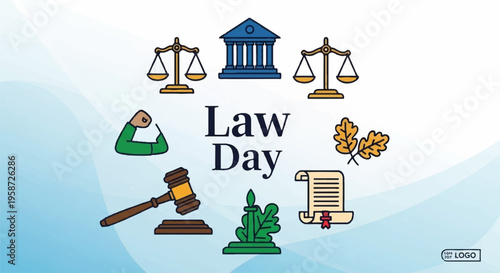 Law day icons with gavel scales courthouse and legal documents on blue background