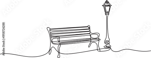 Continuous line drawing of Bench and lantern in park. Single line illustration. Line art style. One line minimalism style drawing. Wooden outdoor furniture for relax. 