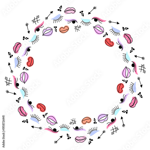 Round decorative wreath made of makeup doodle frame with lips, eyes, arrows and tic tac toe symbols isolated on white background.