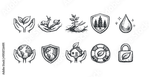 Collection of hand-drawn icons representing nature protection and environmental care concepts