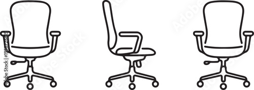 Office chair editable vector illustration on white background. Chair Line art, clip art. Hand-drawn design elements. Vector Illustration with Front, Side, and Top Views. 