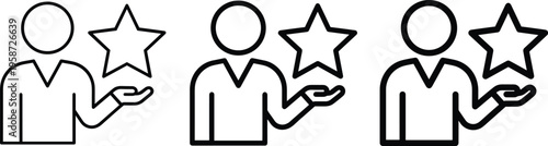 A set of line art vector silhouettes depicting people holding stars in a design concept for ratings and reviews.
