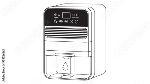 Detailed illustration of a modern air purifier device with control panel and filter compartment.