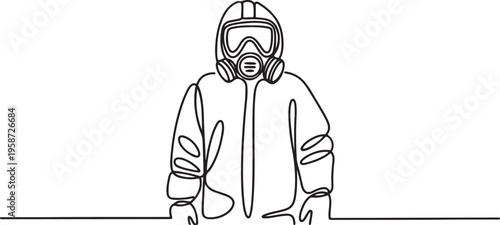 One continuous single drawing line art flat doodle man, safety, suit, chemical, protective. Isolated image hand draw contour on a white background. One line draw graphic design vector