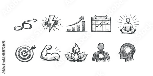 Collection of hand-drawn icons representing motivation, goals, and personal growth concepts