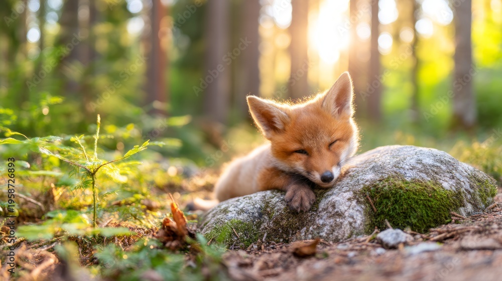 Fototapeta premium Red Fox Cub Resting Against Mossy Stone in Tranquil Forest Setting