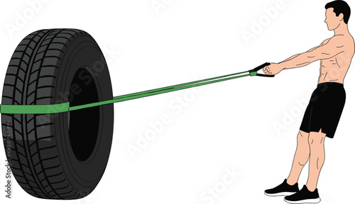 Man performing resistance band workout with tire, illustrating strength training, functional fitness exercise, muscle building, home workout, and physical endurance concept