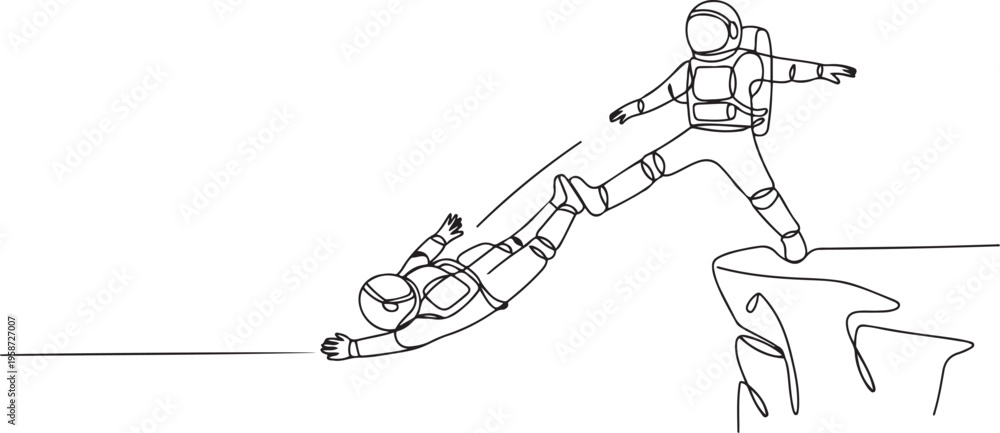 Fototapeta premium Single continuous line drawing young astronaut kick throw colleague off cliff or hill. Eliminate rival coworker. Rivalry and competition. One line draw graphic design vector