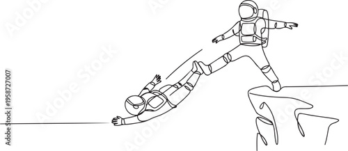 Single continuous line drawing young astronaut kick throw colleague off cliff or hill. Eliminate rival coworker. Rivalry and competition. One line draw graphic design vector