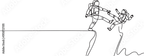 Single continuous line drawing young astronaut kick throw colleague off cliff or hill. Eliminate rival coworker. Rivalry and competition. One line draw graphic design vector