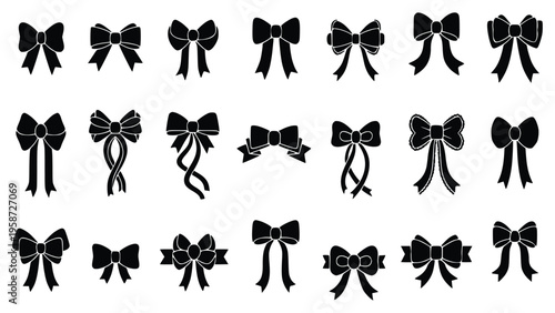 Various black bow tie icons in different styles and designs for decoration and illustration purposes