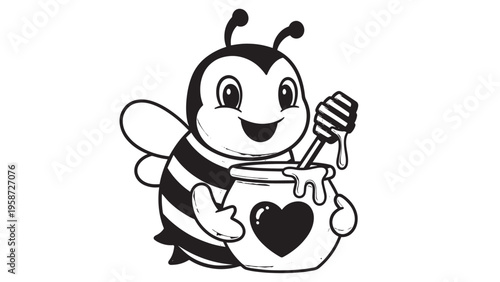 Cute Cartoon Bee Holding a Jar of Honey with Heart Symbol.