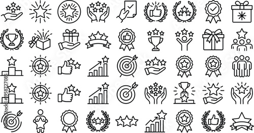 A set of line art icons representing achievement and success in a vector design concept, featuring various symbols of recognition and reward.