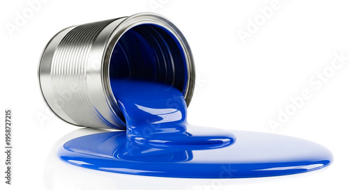 Vibrant blue paint spills dramatically from a tipped metal can onto a reflective white surface.