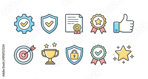 Collection of minimalist icons representing success, quality, and security achievements