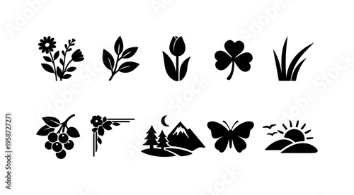 Collection of nature-themed icons including flowers, plants, and landscapes