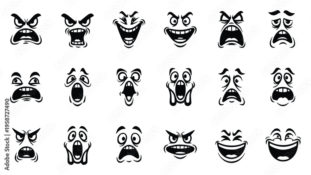 Fototapeta premium Various cartoon faces with different emotions and expressions on white background