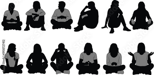 People sitting silhouettes meditation yoga poses relaxed individuals vector isolated black calm mindfulness illustration lifestyle concept set design