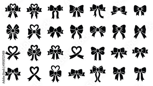 Black silhouette bow tie icons with heart shaped designs for valentines day and gift wrapping on white background