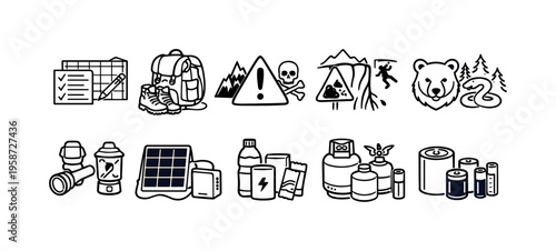 Outdoor adventure and survival gear icons set for planning and safety