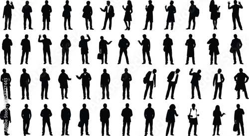 People standing silhouettes collection, diverse men and women poses, casual and business characters, isolated black figures, human posture variety concept
