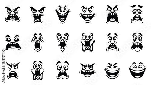 Various cartoon faces with different emotions and expressions on white background
