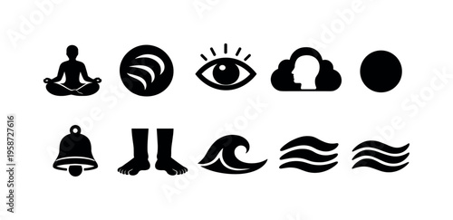 Collection of simple black icons representing mindfulness and wellness concepts