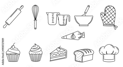 Line Art Icon Set of Baking Tools, Desserts, Kitchen Utensils, Pastry, and Chef Hat for Cooking and Sweet Treats