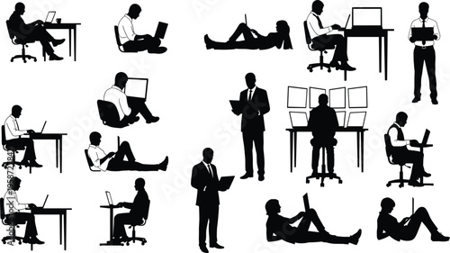 People working with laptops silhouettes set, office and remote work activities, digital technology lifestyle collection, isolated black figures, modern workplace concept