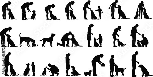 People with dogs silhouettes set, pet owners interacting and training animals, friendship and care scenes, isolated black figures, animal companionship concept