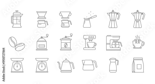 Coffee Brewing Tools Line Art Icons Set. Outline vector illustration of various coffee preparation methods and equipment.