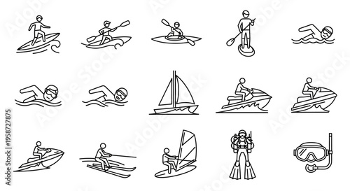 Water Sports Icons Set - Outline Vector Collection of Summer Aquatic Activities, Recreation, and Equipment