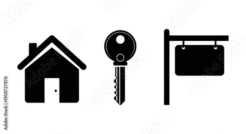 Real Estate Icons Set: House, Key, and For Sale Sign Silhouettes. Property Buying, Selling & Rental Symbols.