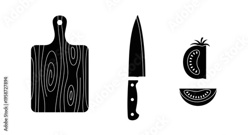 Kitchen essentials icon set: cutting board, sharp knife, and sliced tomato silhouettes for cooking and food preparation